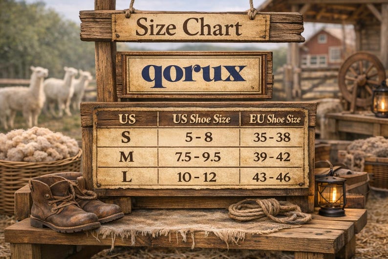 May include: A wooden sign displaying a size chart for qorux footwear. The chart lists US sizes S, M, and L with corresponding US shoe sizes 5-8, 7.5-9.5, and 10-12, and EU shoe sizes 35-38, 39-42, and 43-46. Brown leather boots sit on the wooden base.