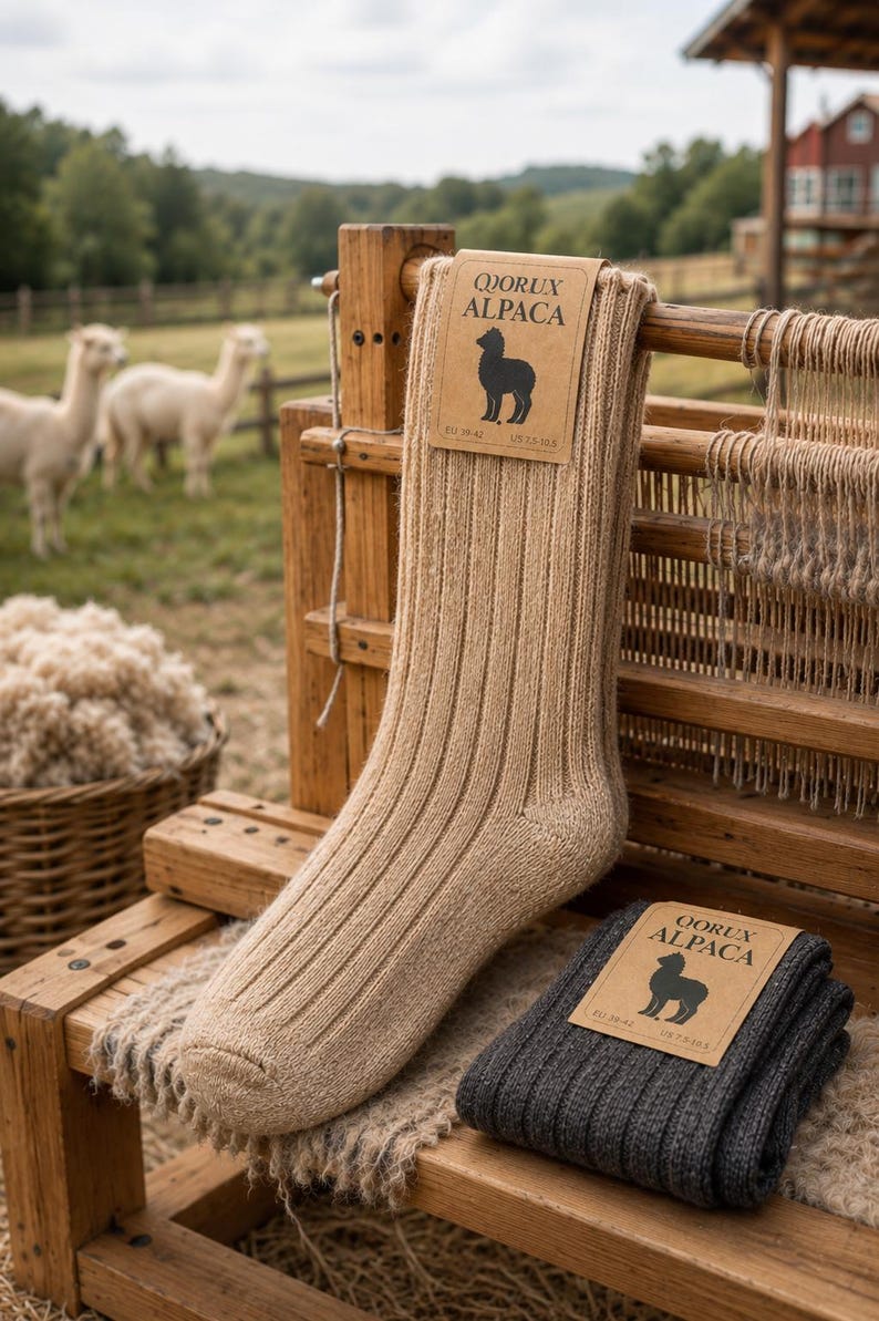 May include: A pair of ribbed knit socks in tan and dark gray, each featuring a tan paper label with the text QORUX ALPACA, an alpaca silhouette, and size markings EU 38-42 and US 7.5-10.5. The tan sock is upright, while the dark gray pair is folded.