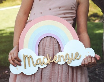 Personalized Rainbow decor with Custom name sign - Wooden name sign,  Name signs for nursery, Girl home decor, Pastel decor, Door name sign