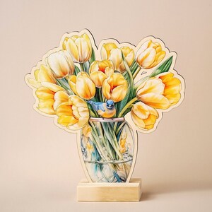 Mother's day Wooden card with Yellow Tulips - Timeless Wooden Bouquet with Custom Text - Special Occasions - Personalized Keepsake Gift