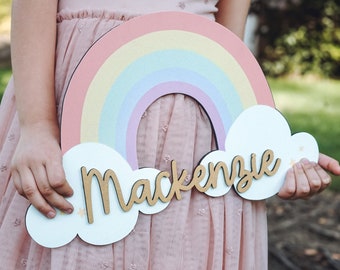 Personalized Rainbow decor with Custom name sign - Wooden name sign,  Name signs for nursery, Girl home decor, Pastel decor, Door name sign