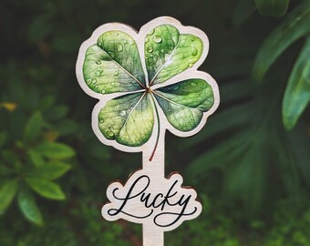 Lucky Clover Tag - Wooden Plant Tag with a Greeting Text - Plant Marker, Flower Stick, Garden stakes, Garden label