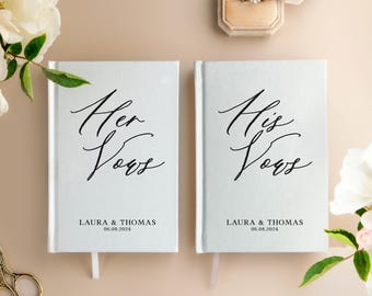 Elegant Vow Book - Set of 2 Wedding Vow Book Promise,  Personalized names and date, Hardcover, Her and his vow, Luxury Linen Speech Notebook
