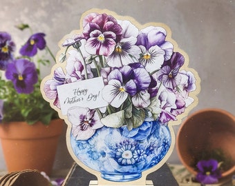 Mother's day Original Gift - Personalized Card with Violets Flower Arrangement. Wooden card, Bright Colors, Long-Lasting, Anniversaries
