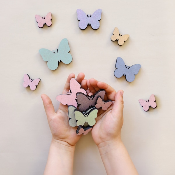 Wooden Butterflies with Glitter Effect - Wooden Wall Stars, Rainbow bedroom decor, Hanging butterflies, Custom name sign decor