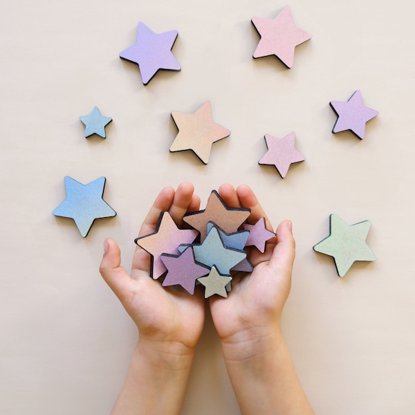 Wooden Stars with Glitter Effect - Wooden Wall Stars, Rainbow decor for girl bedroom, Hanging stars, Custom name sign decor