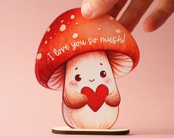 I love you so mush - Adorable love ornament for Valentine's day, Personalized wooden Card, Valentine's gift, Unique gift, Mushroom ornament