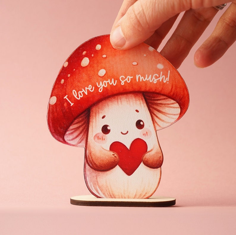 I love you so mush Adorable love ornament for Valentine's day, Personalized wooden Card, Valentine's gift, Unique gift, Mushroom ornament image 1