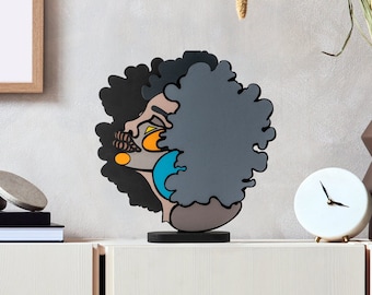 Handmade Wooden Abstract Face Sculpture | Modern Pop Art Decor