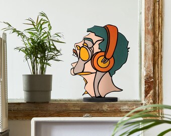 Wooden decorative standing art | Abstract face | Table art for home and office with contemporary design | Modern colorful gift to inspire