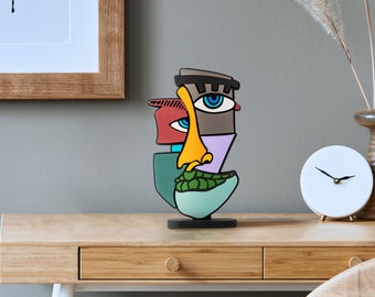 Hölzerne dekorative stehende Kunst | Abstraktes Gesicht | Tischkunst für Zuhause und Büro mit zeitgenössischem Design | Modernes buntes Geschenk zum inspirieren