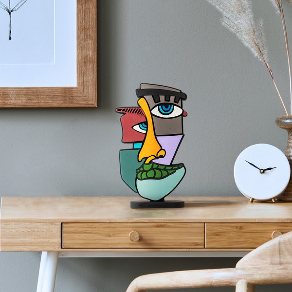 Wooden decorative standing art | Abstract face | Table art for home and office with contemporary design | Modern colorful gift to inspire