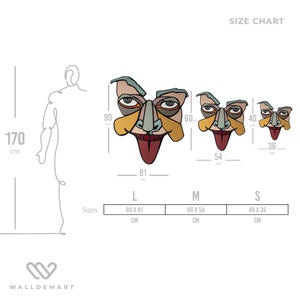May include: Size chart for a colorful abstract face wall art print. The print is available in three sizes: 90 x 81 cm, 60 x 54 cm, and 40 x 36 cm.