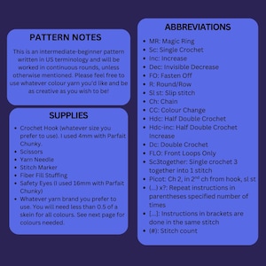 Puede incluir: Un gr&aacute;fico azul con notas de patr&oacute;n de ganchillo y abreviaturas. Las notas del patr&oacute;n utilizan la terminolog&iacute;a estadounidense y fomentan opciones de color creativas. La lista de suministros incluye un ganchillo de 4 mm, tijeras, aguja lanera, marcador de punto, relleno de fibra y ojos de seguridad.