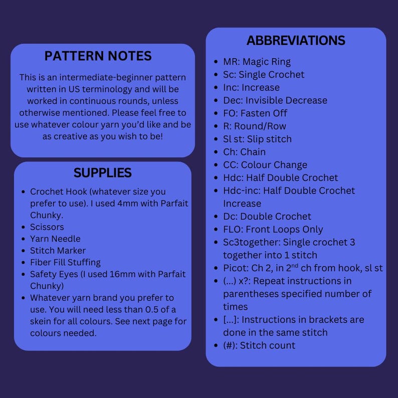 Puede incluir: Un gr&aacute;fico azul con notas de patr&oacute;n de ganchillo y abreviaturas. Las notas del patr&oacute;n utilizan la terminolog&iacute;a estadounidense y fomentan opciones de color creativas. La lista de suministros incluye un ganchillo de 4 mm, tijeras, aguja lanera, marcador de punto, relleno de fibra y ojos de seguridad.