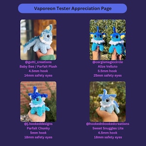 Puede incluir: Un gr&aacute;fico p&uacute;rpura con cuatro im&aacute;genes de peluches azules y blancos tejidos a ganchillo. El texto en la parte superior dice "Vaporeon Tester Appreciation Page". Cada imagen incluye el nombre del creador, el nombre del peluche, el tama&ntilde;o del ganchillo y el tama&ntilde;o de los ojos de seguridad.