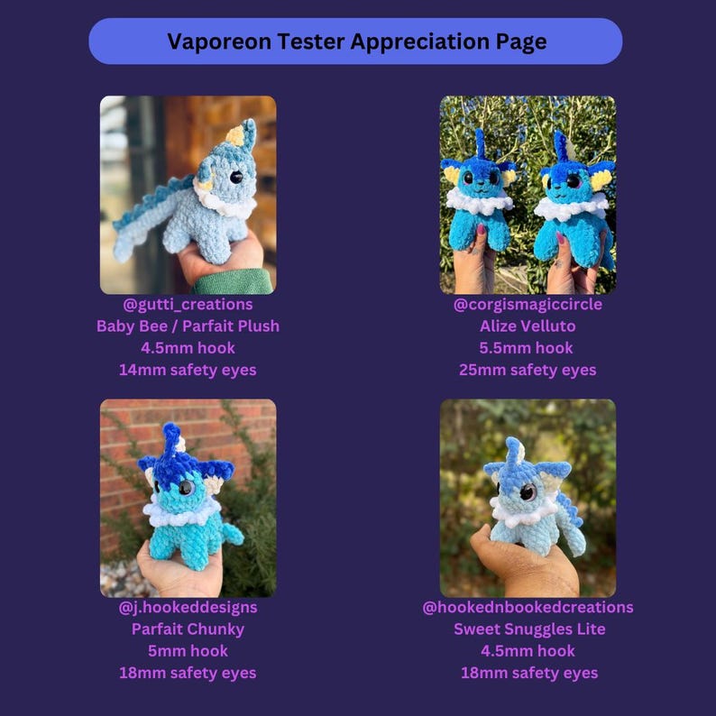 Puede incluir: Un gr&aacute;fico p&uacute;rpura con cuatro im&aacute;genes de peluches azules y blancos tejidos a ganchillo. El texto en la parte superior dice "Vaporeon Tester Appreciation Page". Cada imagen incluye el nombre del creador, el nombre del peluche, el tama&ntilde;o del ganchillo y el tama&ntilde;o de los ojos de seguridad.