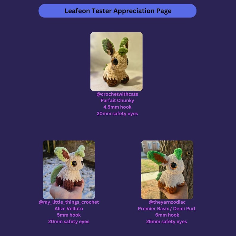 Puede incluir: Un fondo morado con el texto "Leafeon Tester Appreciation Page". La imagen presenta tres figuras de ganchillo de un personaje Leafeon. Cada figura tiene un tipo de hilo, tama&ntilde;o de ganchillo y tama&ntilde;o de ojos de seguridad diferentes.