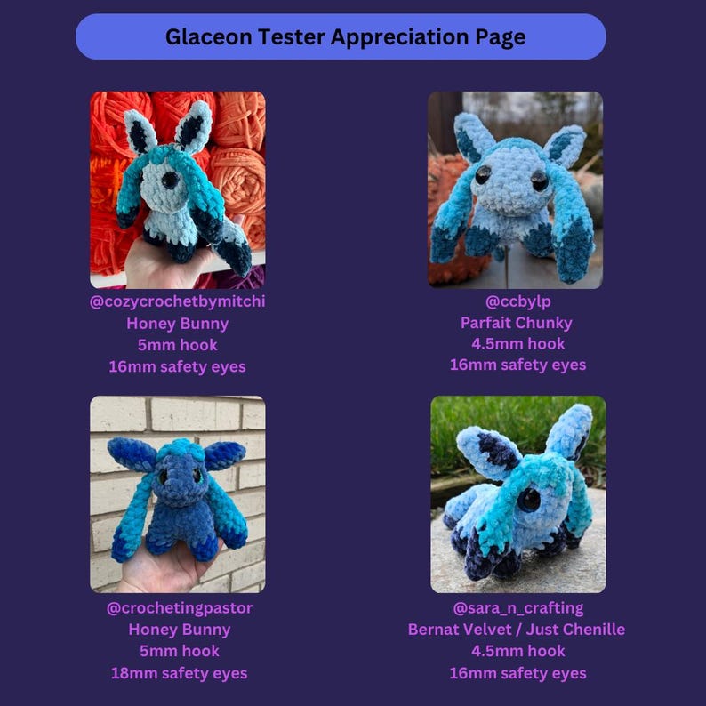 Puede incluir: Un gr&aacute;fico p&uacute;rpura con cuatro peluches de conejito de ganchillo en varios tonos de azul y verde azulado. Cada conejito tiene orejas largas y ojos de seguridad. El texto en la parte superior dice "Glaceon Tester Appreciation Page."