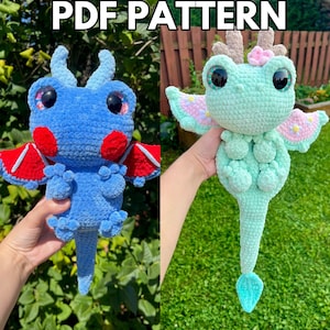May include: Two crocheted dragon plushies, one blue with red wings and one green with pink wings and flowers.  PDF PATTERN.