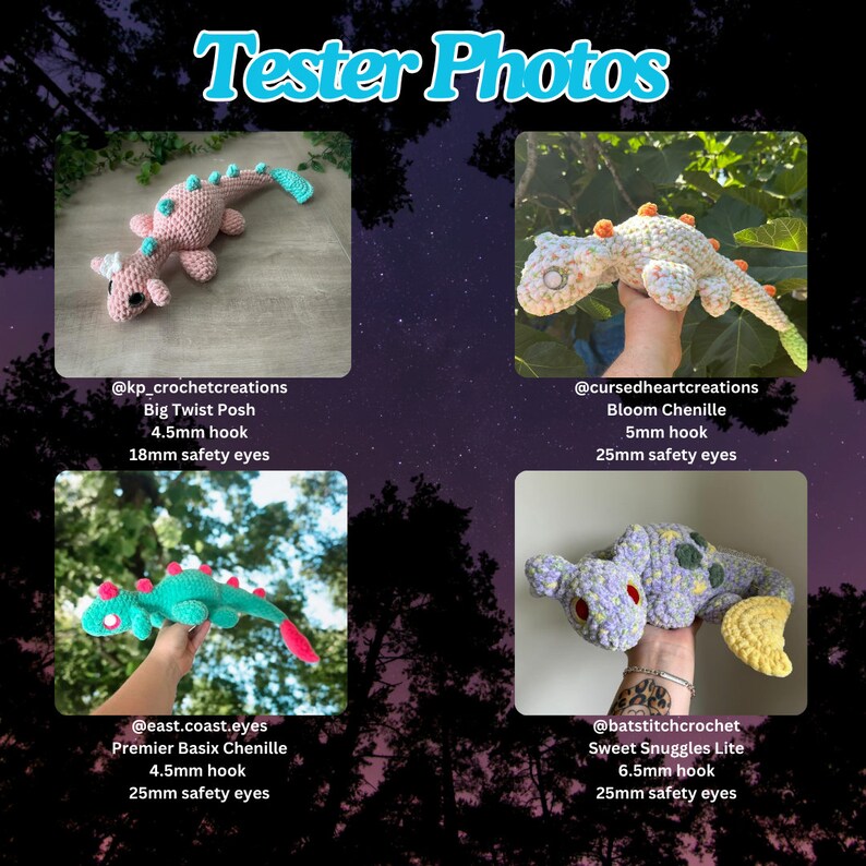K&ouml;nnte beinhalten: Vier handgefertigte H&auml;keldrachen in Rosa, Gr&uuml;n und Lila sind abgebildet. Jeder Drache hat Sicherheitsaugen. Das Bild enth&auml;lt den Text "Tester Photos". Ma&szlig;e f&uuml;r H&auml;kelnadelgr&ouml;&szlig;e und Sicherheitsaugen sind angegeben.