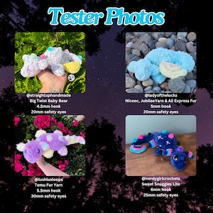 K&ouml;nnte beinhalten: Eine Collage von vier handgefertigten H&auml;keltier-Pl&uuml;schtieren. Die Spielzeuge umfassen einen Big Twist Baby Bear, einen blauen Niceec, ein lila Temu Fur Yarn und einen Sweet Snuggles Lite Drachen. Jedes Spielzeug hat ein einzigartiges Design und Farbschema mit Details wie Sicherheitsaugen und Hakengr&ouml;&szlig;en.