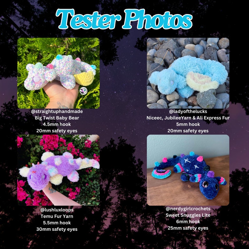 K&ouml;nnte beinhalten: Eine Collage von vier handgefertigten H&auml;keltier-Pl&uuml;schtieren. Die Spielzeuge umfassen einen Big Twist Baby Bear, einen blauen Niceec, ein lila Temu Fur Yarn und einen Sweet Snuggles Lite Drachen. Jedes Spielzeug hat ein einzigartiges Design und Farbschema mit Details wie Sicherheitsaugen und Hakengr&ouml;&szlig;en.