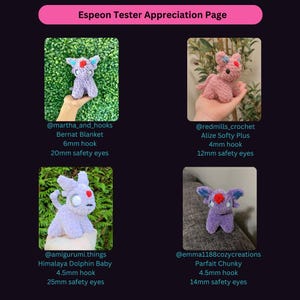 Pu&ograve; includere: Un collage di quattro peluche Espeon all'uncinetto in vari colori, tra cui rosa e viola. Ogni peluche ha occhi di sicurezza ed &egrave; realizzato con diversi tipi di filato. Il testo "Espeon Tester Appreciation Page" &egrave; in alto.