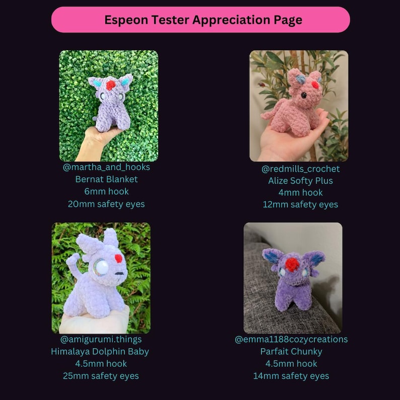 Pu&ograve; includere: Un collage di quattro peluche Espeon all'uncinetto in vari colori, tra cui rosa e viola. Ogni peluche ha occhi di sicurezza ed &egrave; realizzato con diversi tipi di filato. Il testo "Espeon Tester Appreciation Page" &egrave; in alto.
