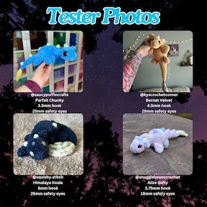 K&ouml;nnte beinhalten: Das Bild zeigt vier geh&auml;kelte Pl&uuml;schtiere: einen blauen Dinosaurier, eine beige Giraffe, einen dunkelblauen Koala und einen hellblauen Dinosaurier. Jedes Spielzeug ist handgefertigt und hat Sicherheitsaugen. Das Bild enth&auml;lt den Instagram-Namen des Herstellers und die Garndetails.