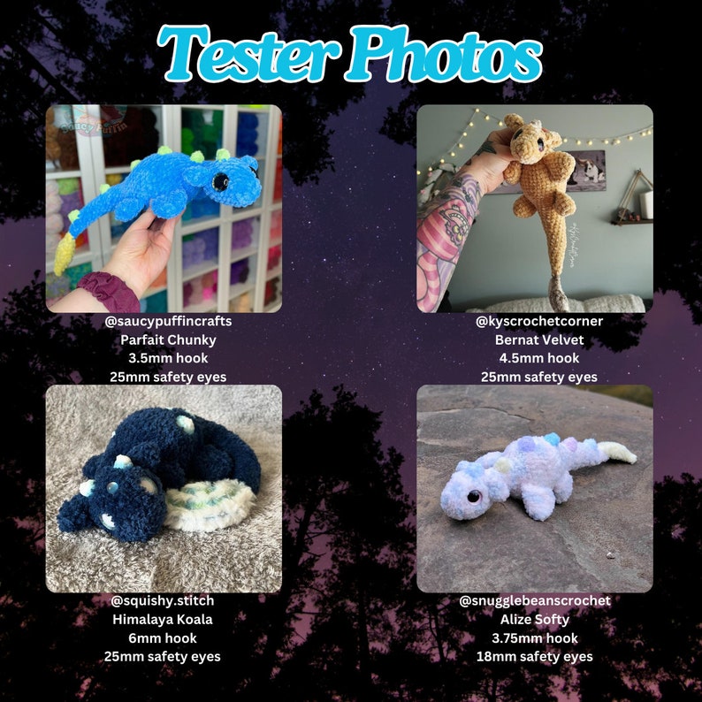 K&ouml;nnte beinhalten: Das Bild zeigt vier geh&auml;kelte Pl&uuml;schtiere: einen blauen Dinosaurier, eine beige Giraffe, einen dunkelblauen Koala und einen hellblauen Dinosaurier. Jedes Spielzeug ist handgefertigt und hat Sicherheitsaugen. Das Bild enth&auml;lt den Instagram-Namen des Herstellers und die Garndetails.