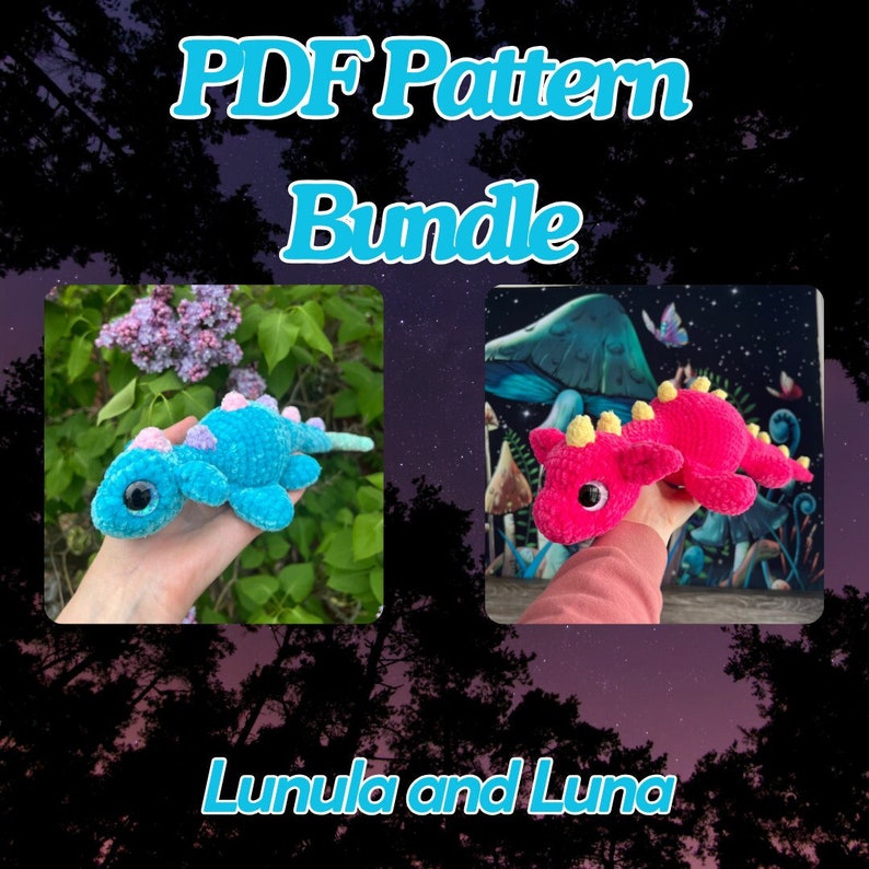 Op de afbeelding: PDF-patroonbundel voor het haken van twee amigurumi-draken, een blauwe en een roze. De draken heten Lunula en Luna.