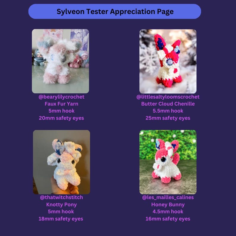 Puede incluir: Sobre un fondo morado, la imagen muestra el texto "Sylveon Tester Appreciation Page". Se presentan cuatro peluches de ganchillo en varios colores, incluyendo rosa, blanco y azul. Cada juguete tiene un dise&ntilde;o &uacute;nico y est&aacute; etiquetado con el nombre del creador y los materiales utilizados.