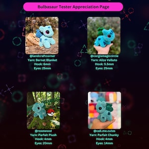 Może przedstawiać: Grafika cyfrowa przedstawia cztery szydełkowe pluszaki Bulbasaur, każdy w innym otoczeniu. Tekst "Bulbasaur Tester Appreciation Page" znajduje się na g&oacute;rze. Każdy pluszak ma inny odcień niebieskiego z zielonymi detalami liści.