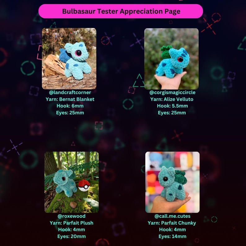 Może przedstawiać: Grafika cyfrowa przedstawia cztery szydełkowe pluszaki Bulbasaur, każdy w innym otoczeniu. Tekst "Bulbasaur Tester Appreciation Page" znajduje się na g&oacute;rze. Każdy pluszak ma inny odcień niebieskiego z zielonymi detalami liści.