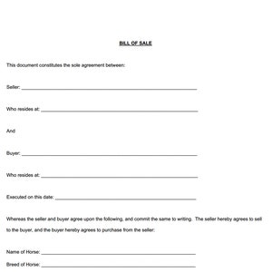 Basic Bill of Sale - Equine
