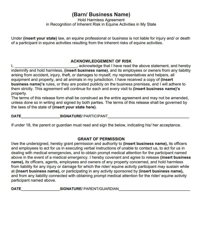 Hold Harmless Agreement Equine Inherent Risk Etsy