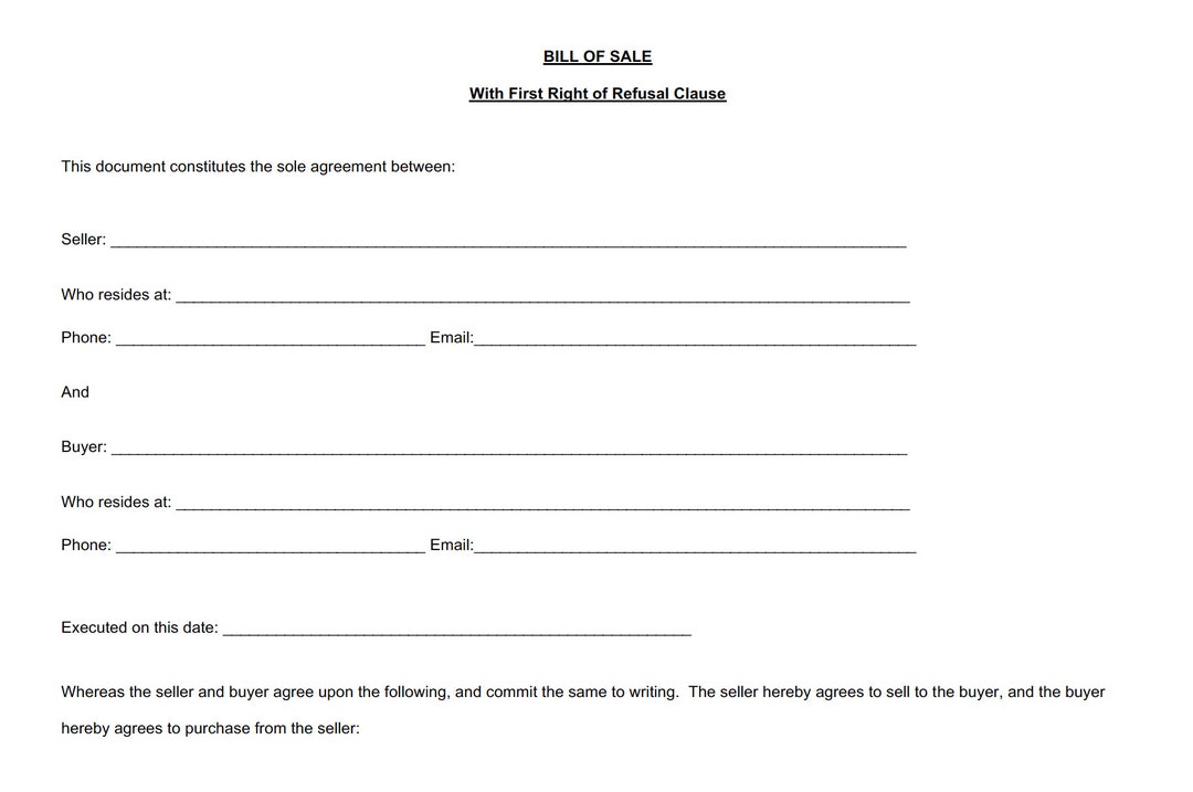 Equine Bill of Sale With First Right of Refusal Clause Etsy