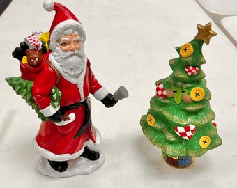 Santa With Sack & Bell, Smiling Sewing Tree Quilt Trunk-Alberta Ceramic