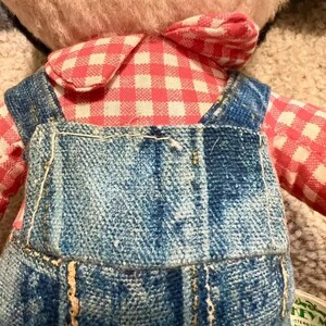 May include: A plush teddy bear wearing a pink and white checkered shirt and blue denim overalls. The bear has a brown fur coat and a stitched smile.