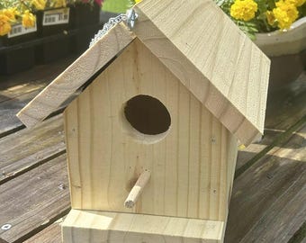 Pine Bird House, Hinged Roof, Chain Included, Unfinished