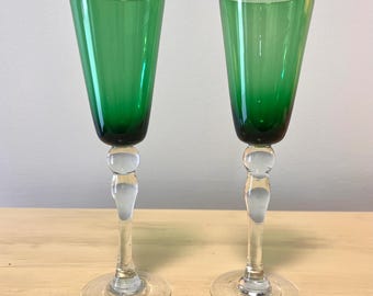 Vintage Emerald Green Champagne Flutes- Style of Anchor Hocking Depression- Set of 2