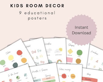 May include: Nine printable educational posters for kids' rooms. The posters feature colorful illustrations and text, covering topics like colors, shapes, numbers, weather, months and seasons, days of the week, and the alphabet. The posters are designed to be printed and displayed in a child's room.