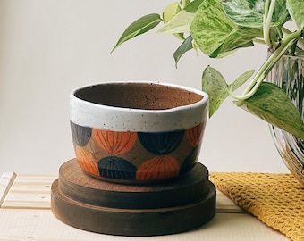 Handmade Carved Ceramic Planter with Drainage Hole