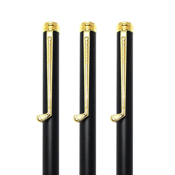 Golf Classic Pens Set, Shiny Gold & Black Barrel, Custom Clip, Belgium Black Ink, Solid Brass, Twist Action, Pkg.  Napa Leather.