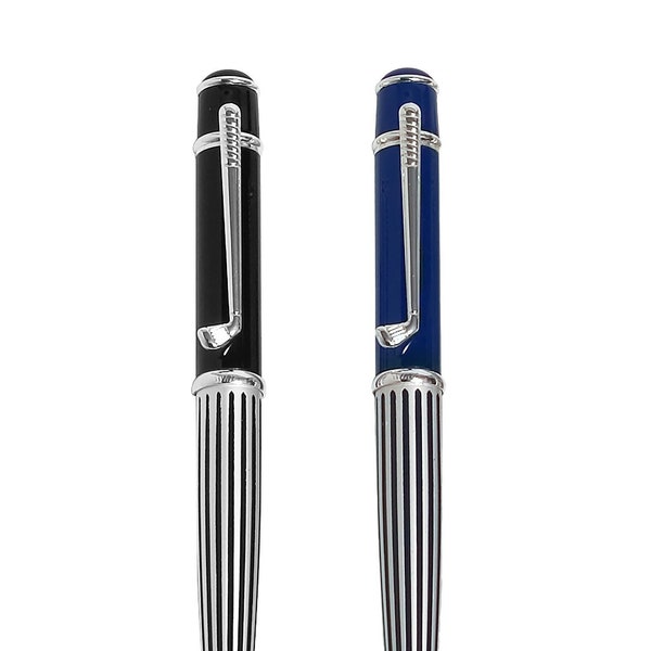 Award Winning Golf Masterpiece Pens Navy & Black, British Link Golf Club Clip, Belgium Black Ink, Solid Brass, Twist Action, Napa Leather.