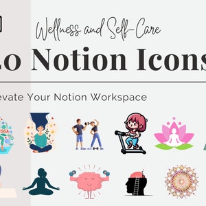 Op de afbeelding: Een set van 40 kleurrijke pictogrammen voor Notion, met afbeeldingen die gerelateerd zijn aan welzijn en zelfzorg, zoals yoga, meditatie en lichaamsbeweging. De tekst "40 Notion Icons" wordt bovenaan de afbeelding in vetgedrukt zwart lettertype weergegeven.