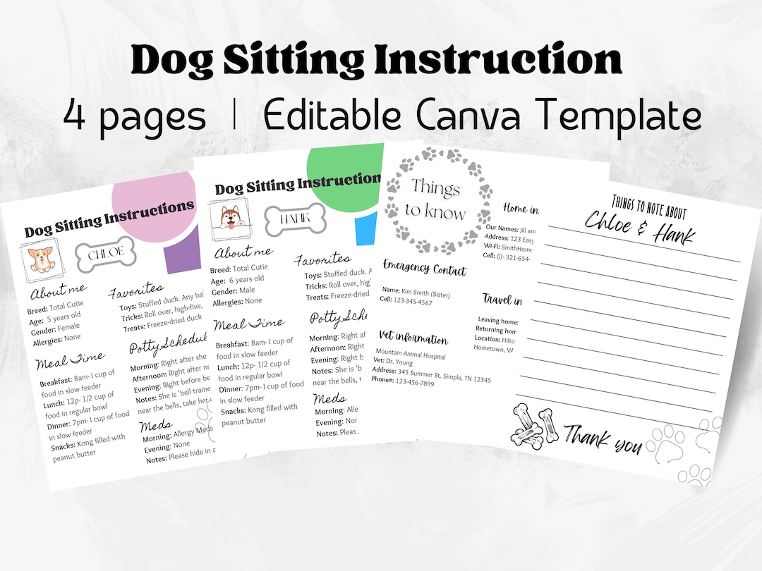 Dog Sitting Instruction Template Printable Digital Download Etsy
