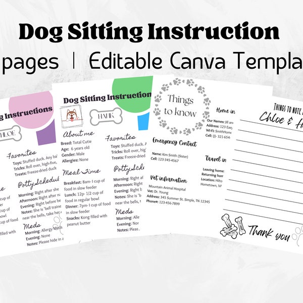 Dog Sitting Instruction Template - Printable Digital Download