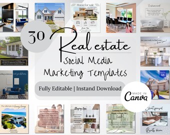May include: A collage of 30 social media marketing templates for real estate agents. The templates are fully editable and can be downloaded instantly. The templates are made in Canva and feature images of homes, kitchens, and living rooms. The text on the templates includes phrases like "Home for sale", "Testimonial", "Selling solutions, not problems", "The ultimate in luxury living", "Are you ready to find your dream home?", "Looking for real estate without the hassle?", "Client focused", and "Results driven".
